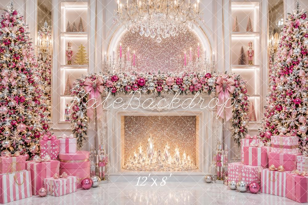 Kate Christmas Luxury Pink Fireplace Chandelier Trees Presents Printed Backdrop Designed by Ashley Paul
