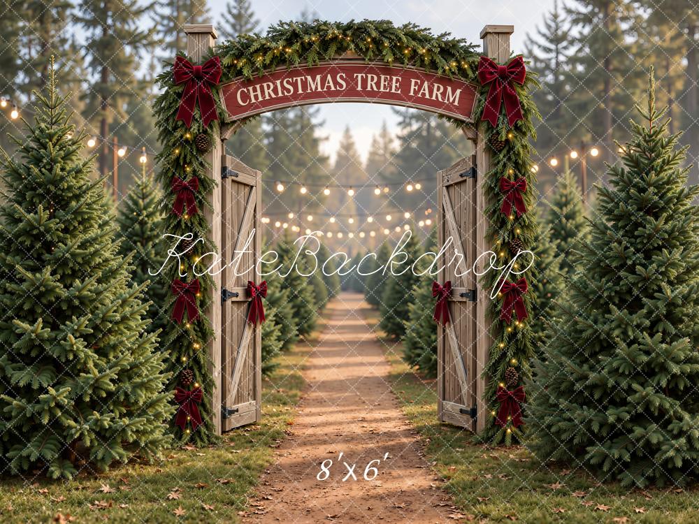 Kate Christmas Tree Farm Gate Rustic Red Bow Printed Backdrop Designed by Emetselch