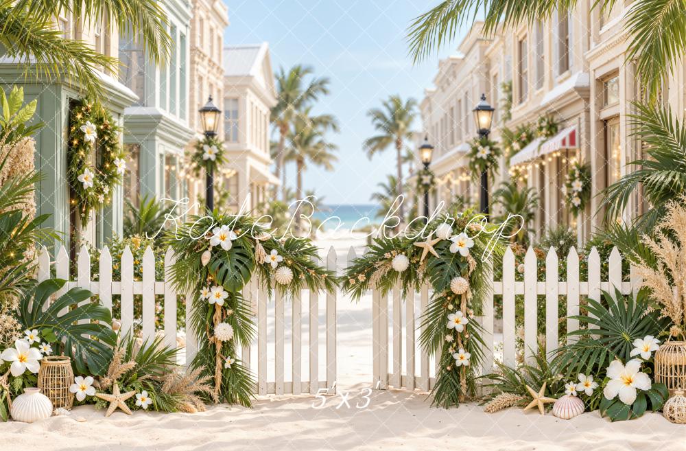 Kate Beach Coastal Resort Tropical Street Flower Fence Printed Backdrop Designed by Emetselch