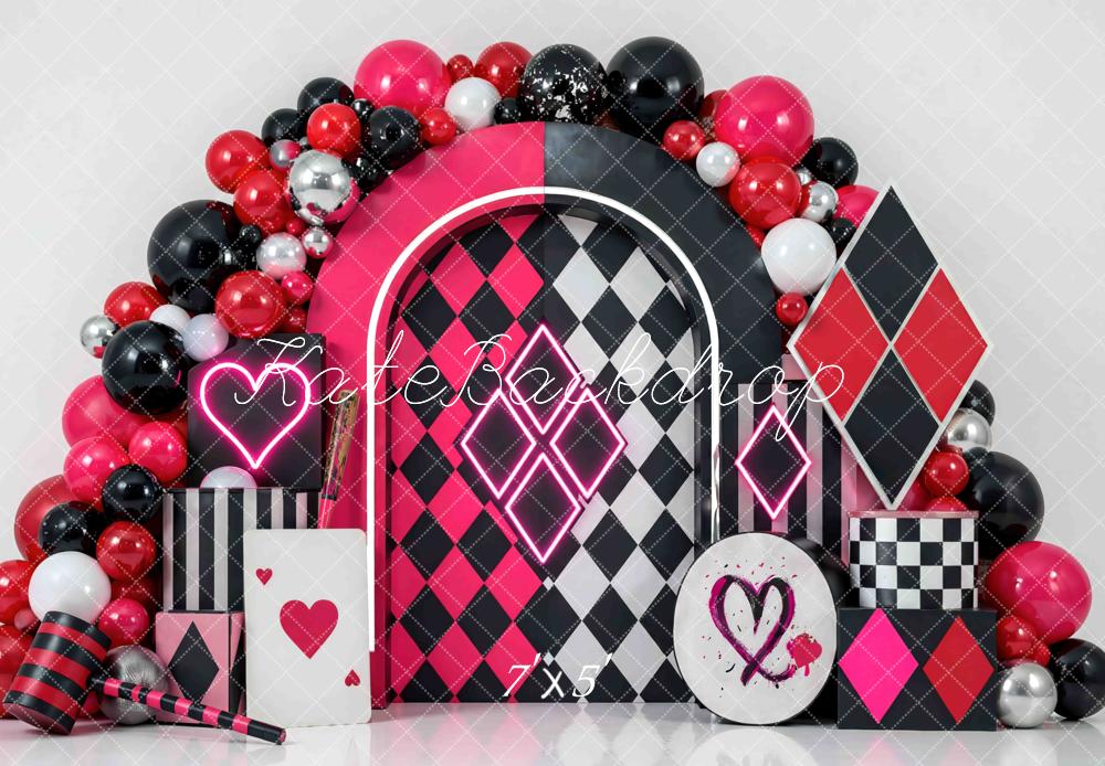 Kate Birthday Harlequin Diamonds Arch Balloons Pink Black Hearts Printed Backdrop Designed by Mini MakeBelieve