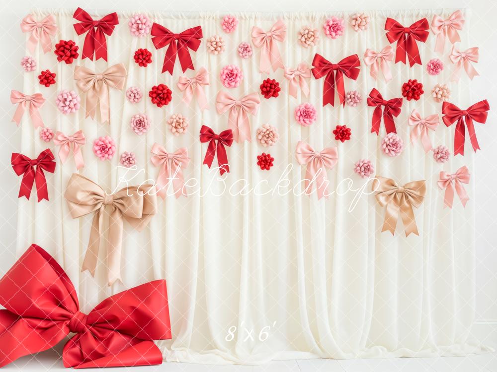 Kate Valentine's Day Red Pink Bows Flowers Cream Curtain Backdrop Designed by Patty Roberts