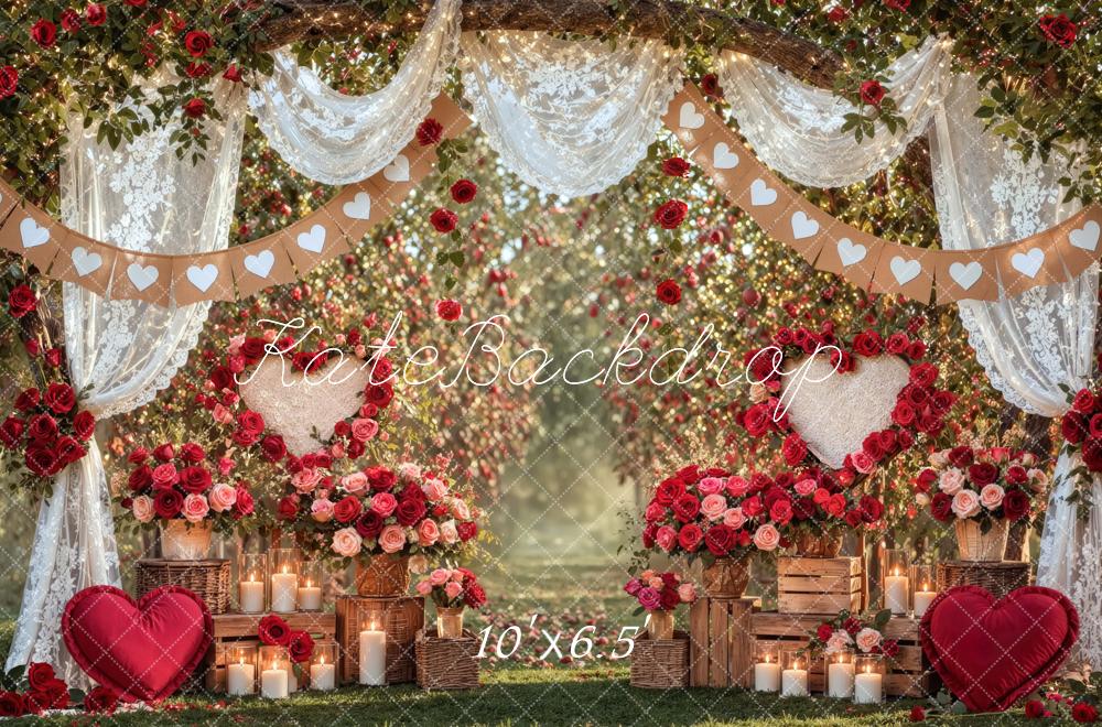 Kate Valentine's Day Rose Garden Hearts Lace Drapes Printed Backdrop Designed by Mini MakeBelieve