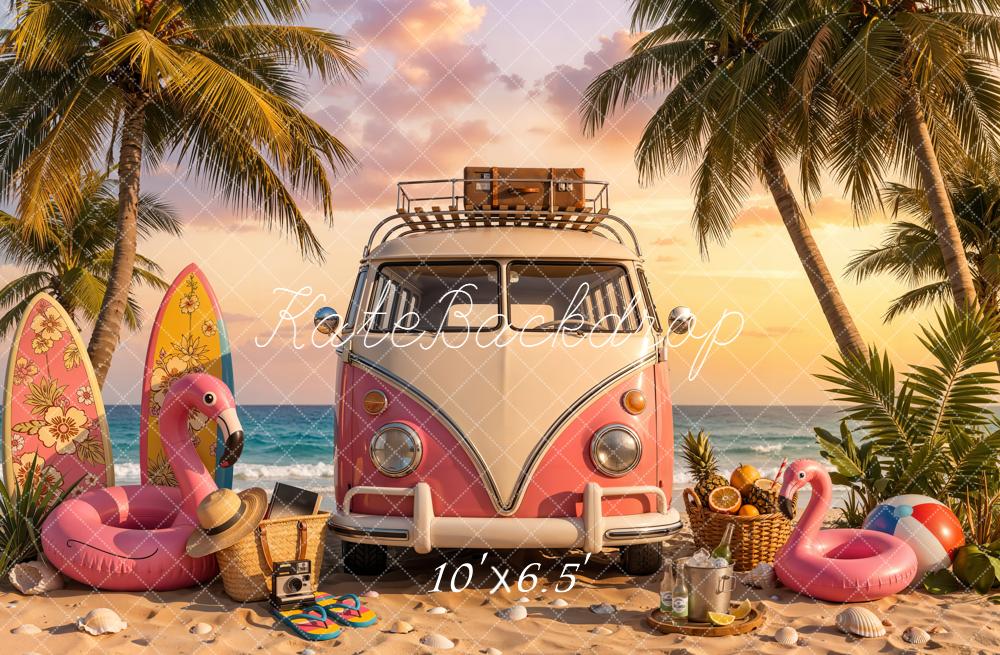 Kate Summer Beach Pink Truck Palm Trees Surfboards Flamingo Printed Backdrop Designed by Chain Photography