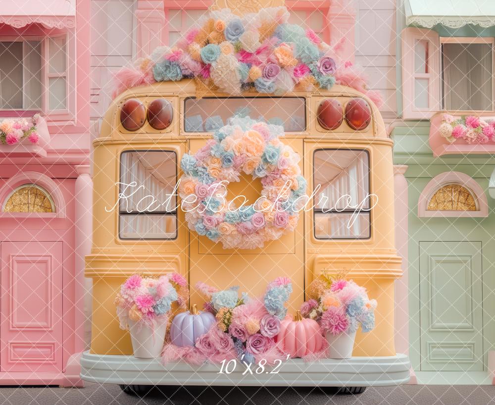 Arco de Flores de Autobús Escolar Pastel de Houses Fondo Diseñado por Mini MakeBelieve
