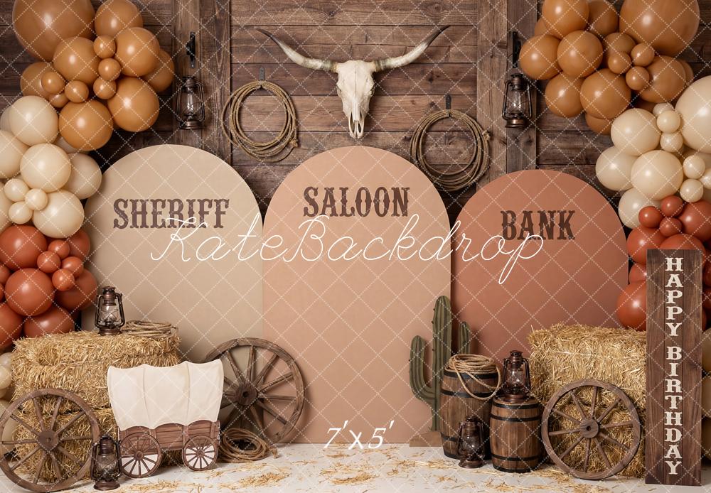 Kate Cake Smash Western Saloon Sheriff Bank Wagon Balloons Printed Backdrop Designed by Patty Roberts