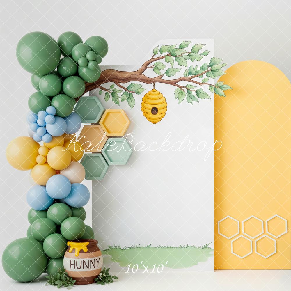 Kate Cake Smash Honey Bee Tree Honeycomb Balloons Printed Backdrop Designed by Patty Roberts