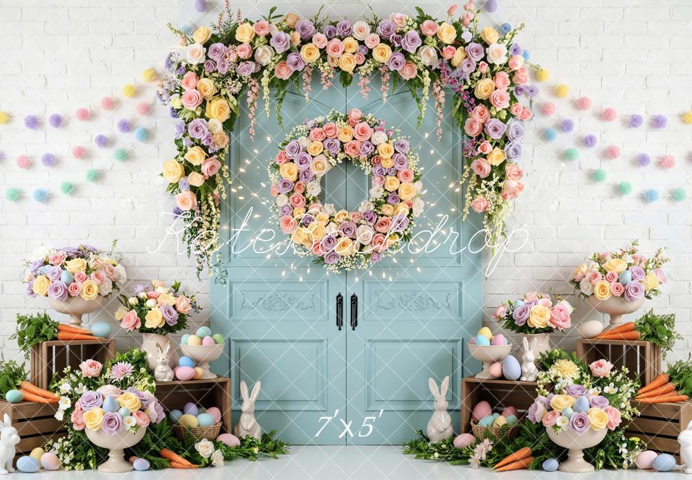Kate Easter Bunny Flower Arch Pastel Eggs Blue Door Backdrop Designed by Mini MakeBelieve