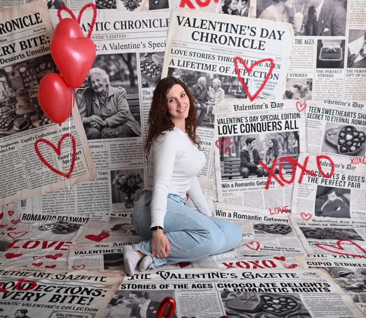 Kate Valentine's Day Newspaper Collage Love Hearts Printed Backdrop Designed by Chain Photography