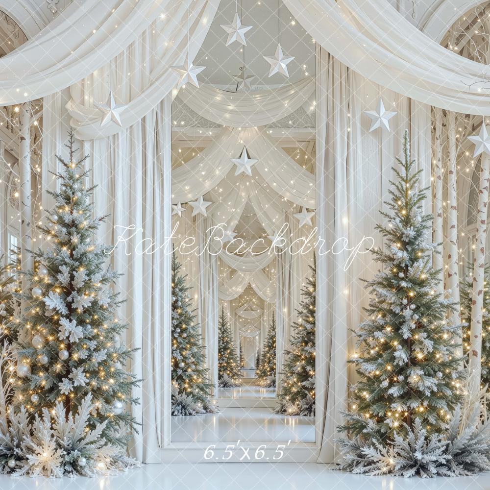 Kate Christmas Mansion Snowy Trees White Draped Curtains Stars Printed Backdrop Designed by Mini MakeBelieve