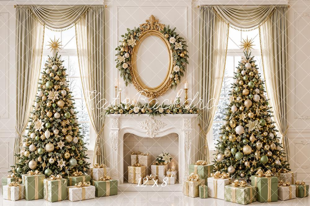 Kate Christmas Gold Twin Trees Retro Fireplace Printed Backdrop Designed by Emetselch
