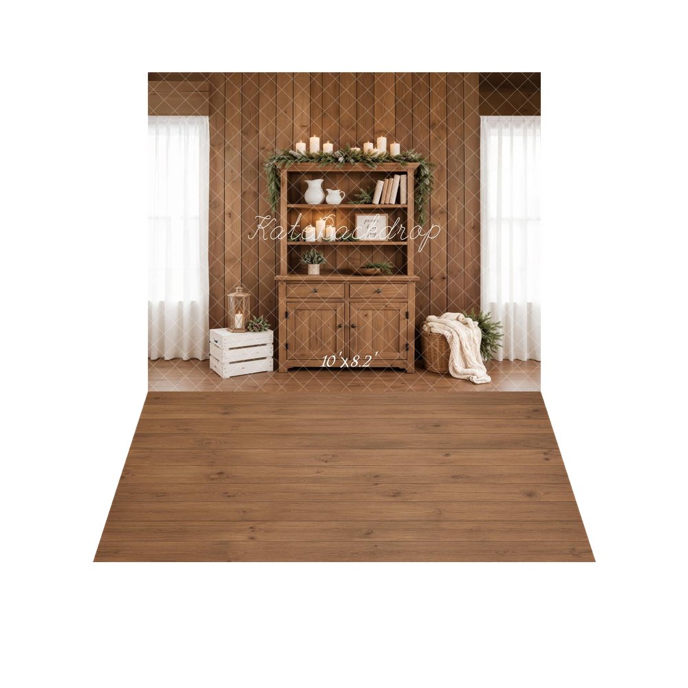 Kate Christmas Wooden Cabinet Candles Garland Lantern Crate Basket Printed Backdrop+Brown Wood Plank Floor Printed Backdrop