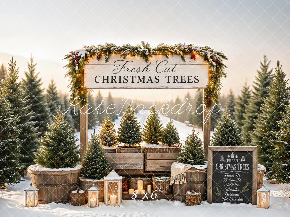 Kate Christmas Trees Stand Snowy Path Printed Backdrop Designed by Emetselch