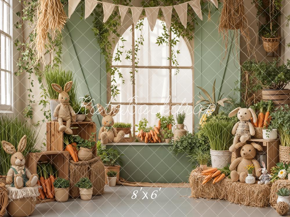 Kate Easter Bunny Carrots Green Window Hay Printed Backdrop Designed by Emetselch