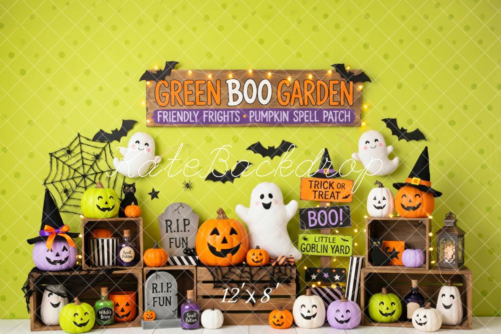 Kate Halloween Trick Or Treat Green Ghost Pumpkin Display Printed Backdrop Designed by Patty Roberts