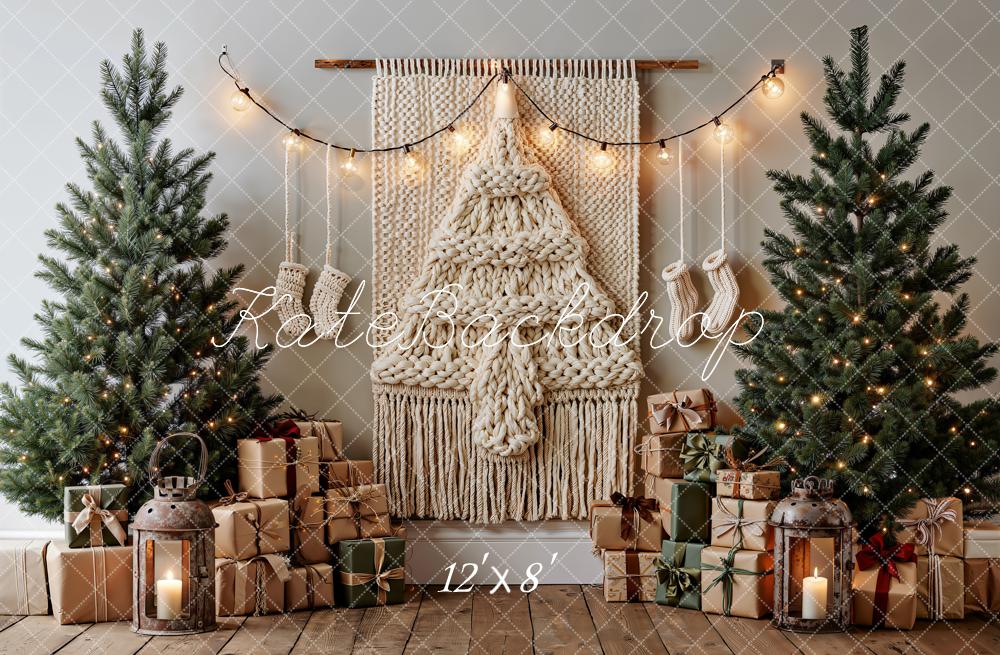 Kate Christmas Boho Macrame Tree Gift Boxes Lanterns Printed Backdrop Designed by Emetselch