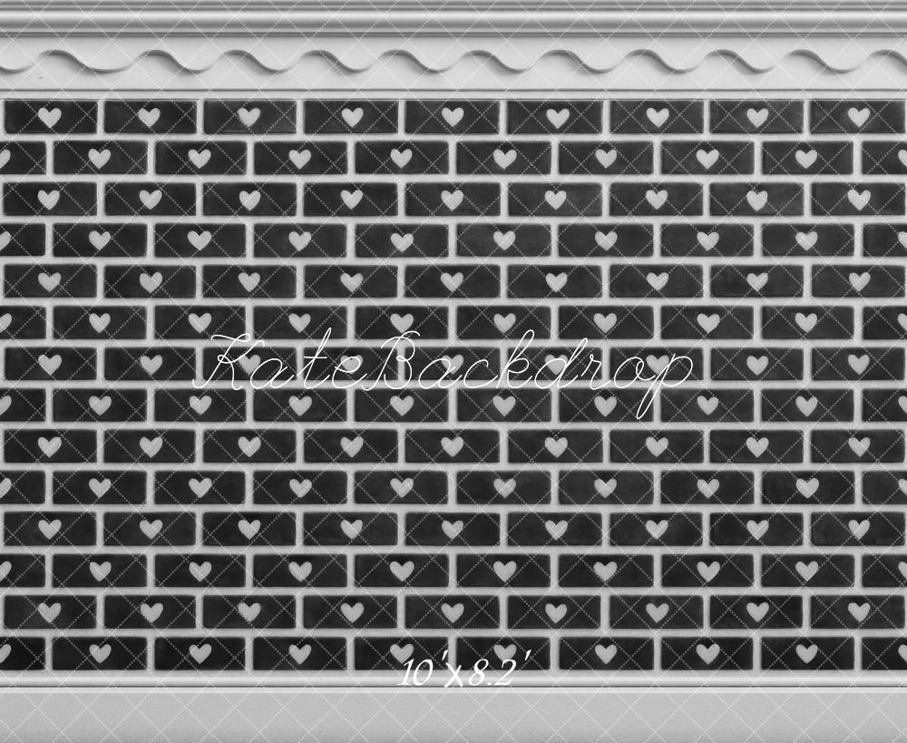 Kate Valentine's Day Black Brick Wall With White Hearts Backdrop Designed by Mini MakeBelieve