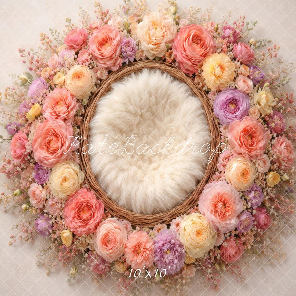 Kate Newborn Pastel Flower Arch Wicker Nest Printed Backdrop Designed by Vertigo Productions