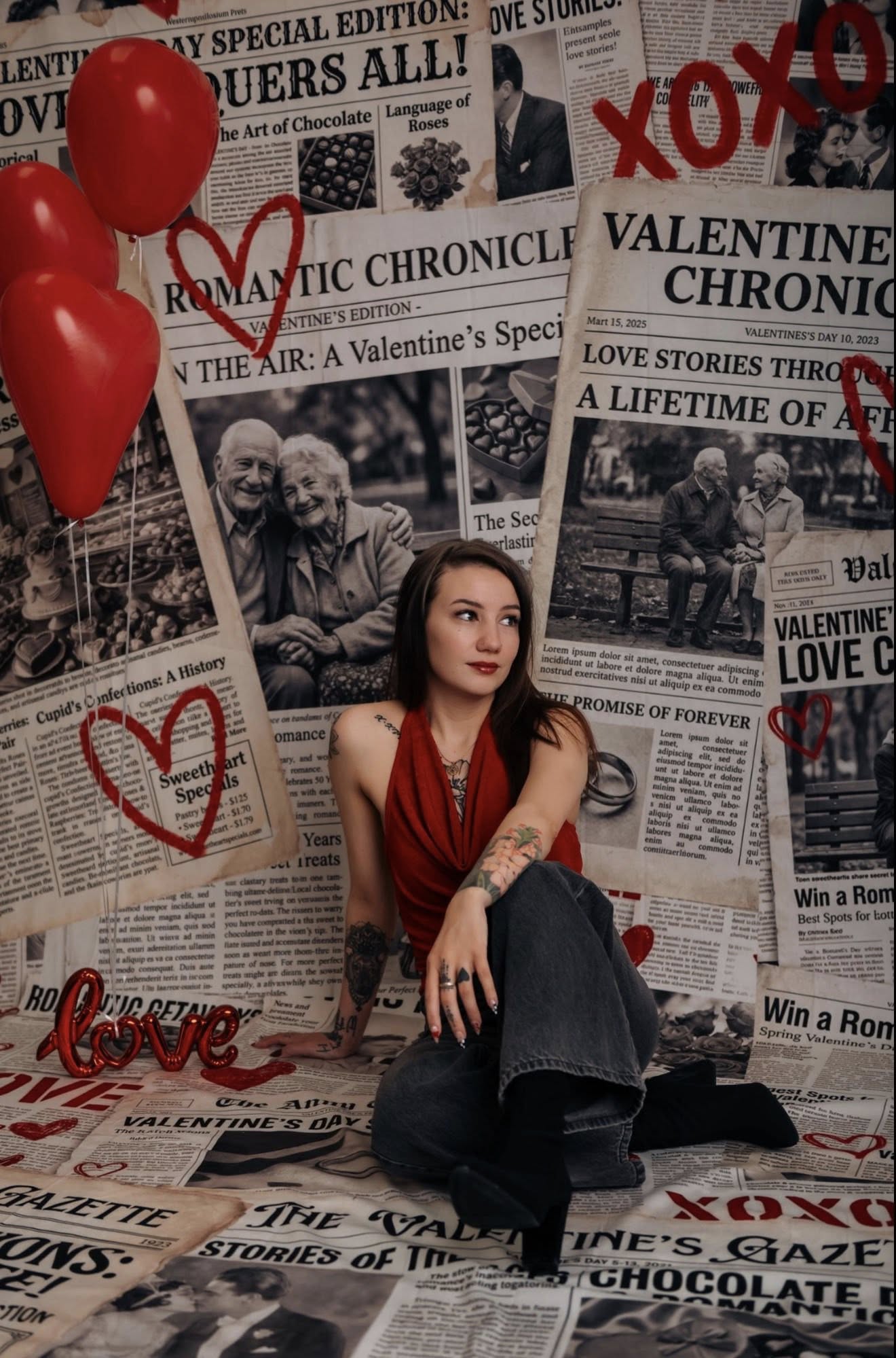 Kate Sweep Valentine's Day Newspaper Collage Red Hearts Backdrop Designed by Chain Photography
