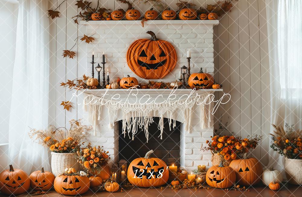 Kate Halloween Pumpkins Fireplace Flowers White Backdrop Designed by Emetselch