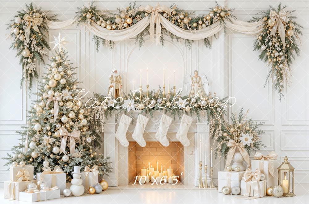 Kate Christmas White Gold Tree Mantel Fireplace Garland Printed Backdrop Designed by Mini MakeBelieve