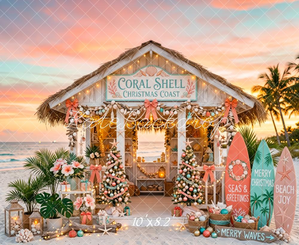 Kate Christmas Beach Cabana Surfboards Palm Trees Printed Backdrop Designed by Patty Roberts