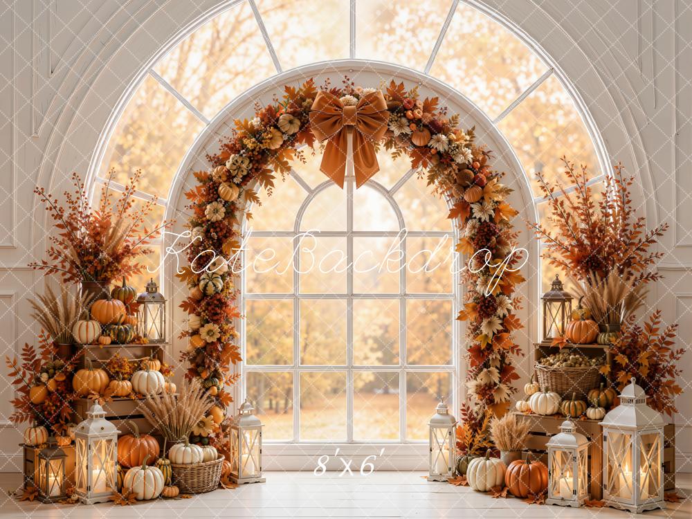 Kate Fall Pumpkin Flower Arch Window White Printed Backdrop Designed by Emetselch