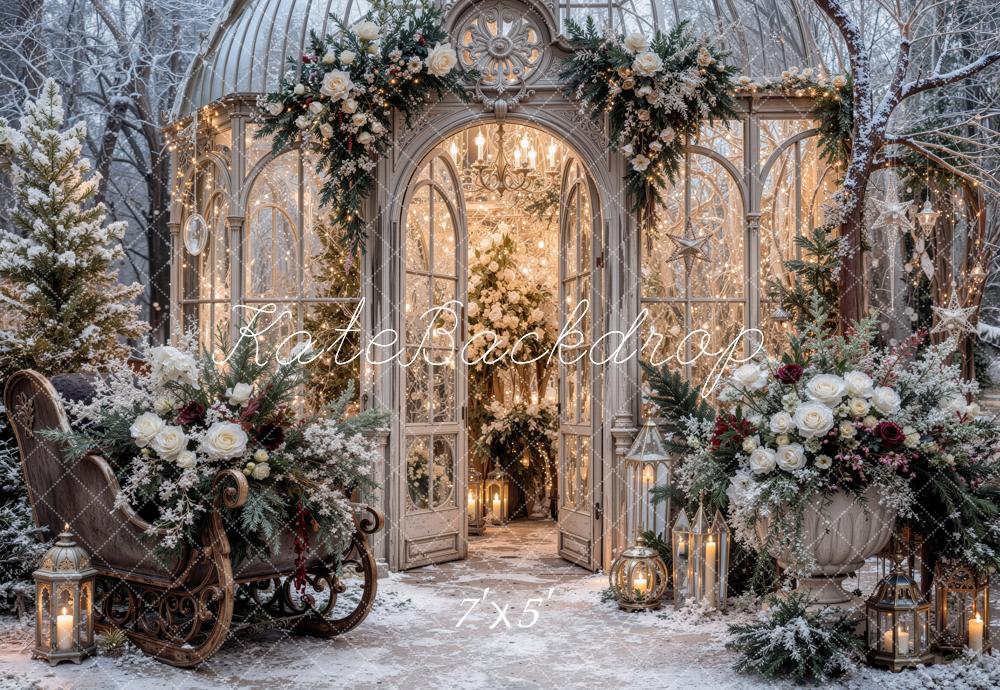 Kate Christmas Snowy Glass Greenhouse Floral Sleigh Printed Backdrop Designed by Jordan Moon