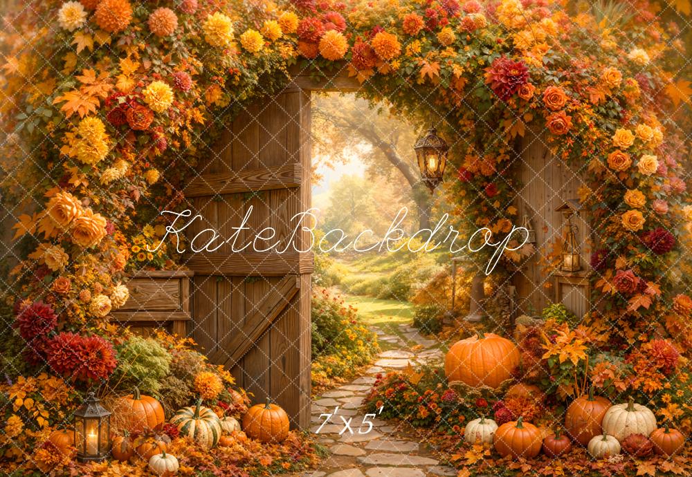 Kate Fall Flower Arch Wood Door Pumpkin Garden Printed Backdrop Designed by Emetselch