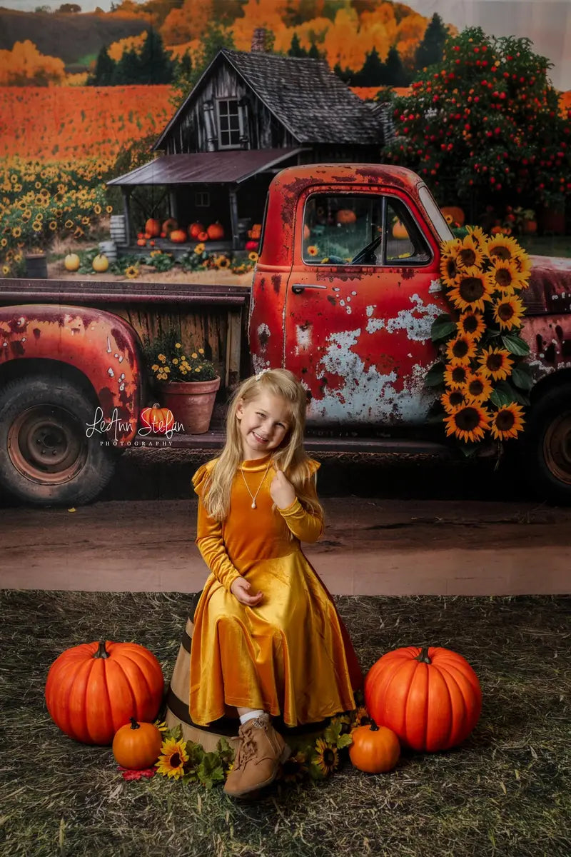 Kate Autumn Outdoor Forest Sunflower Orange Broken Truck Backdrop Designed by Mini MakeBelieve
