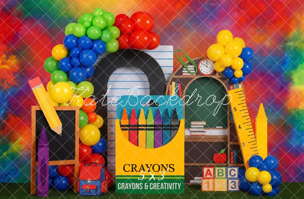 Kate Back to School Rainbow Crayons Balloons Chalkboard Ruler Printed Backdrop Designed by Emetselch