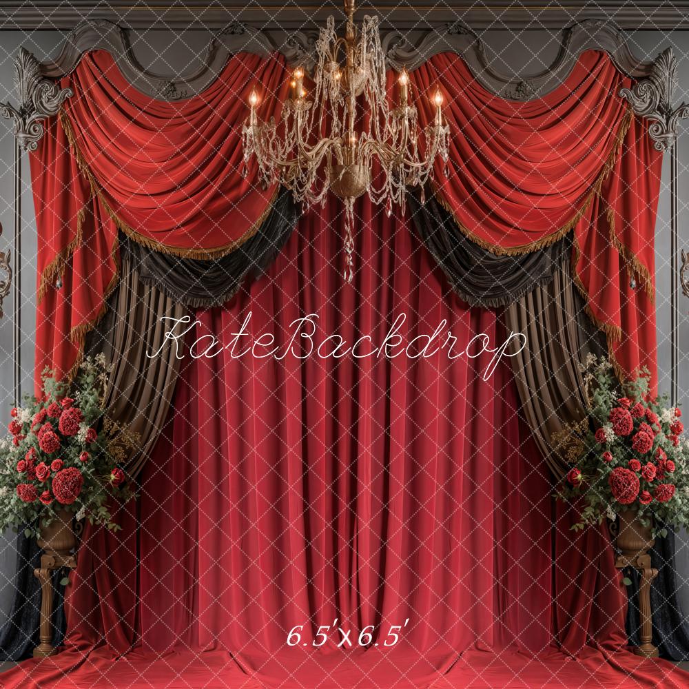 Kate Valentine's Elegant Red Curtains Chandelier Backdrop Designed by Emetselch