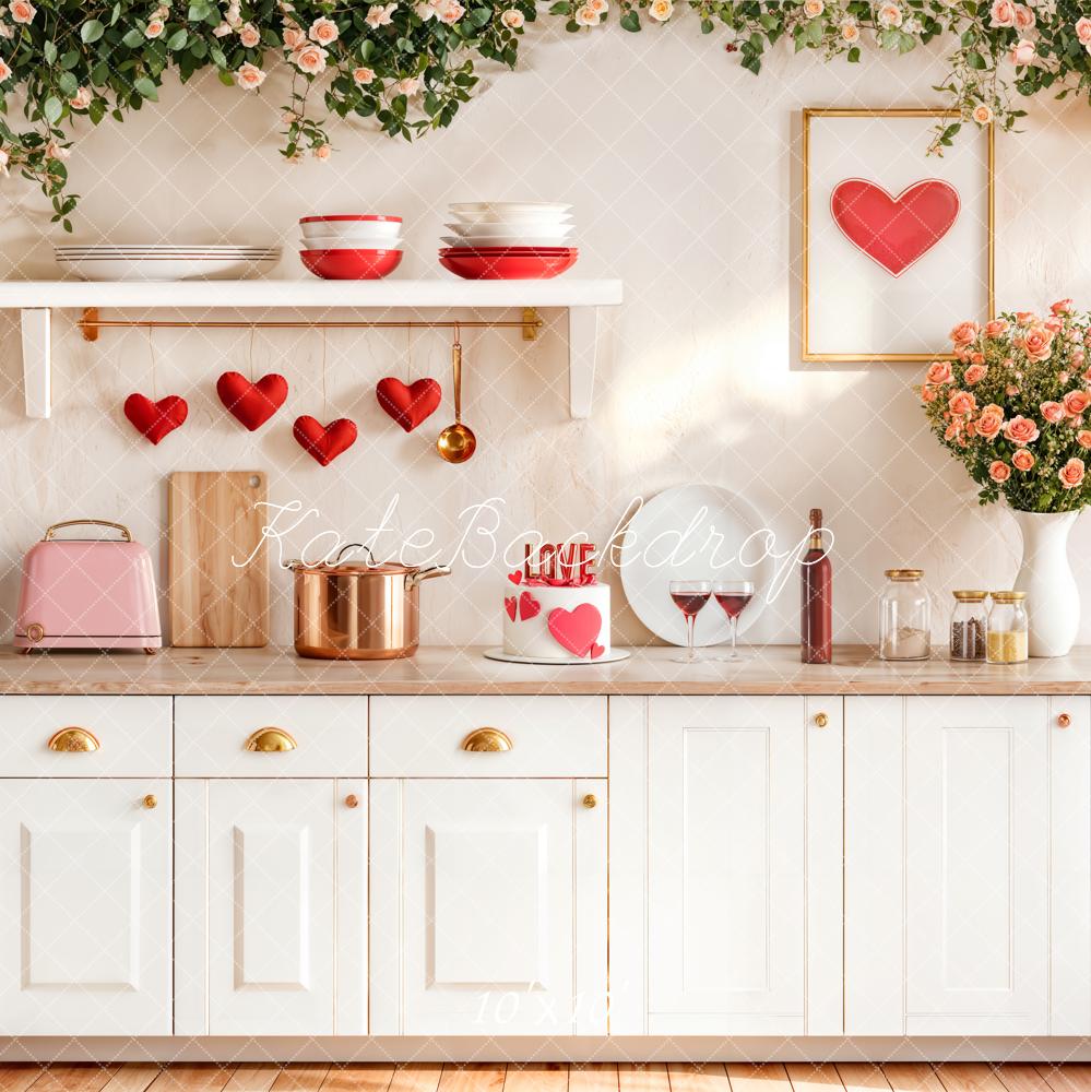 Kate Valentine's Day White Kitchen Hearts Flowers Backdrop Designed by Emetselch