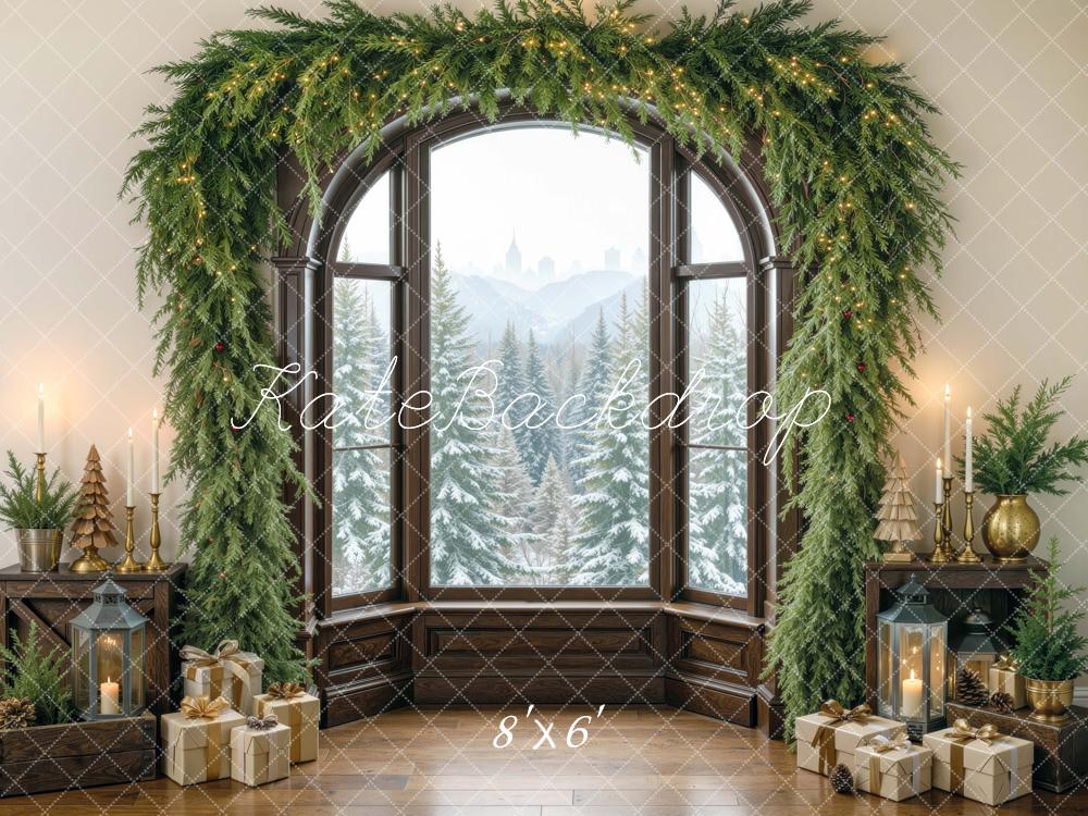 Kate Christmas Evergreen Garland Window Gifts Brown Printed Backdrop Designed by Mini MakeBelieve