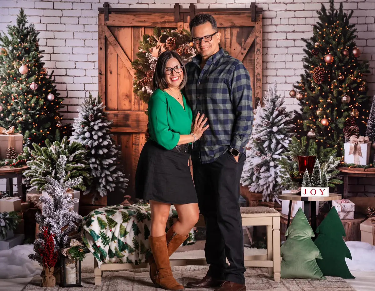 Kate Christmas Tree Brown Wooden Barn Door Backdrop Designed by Emetselch