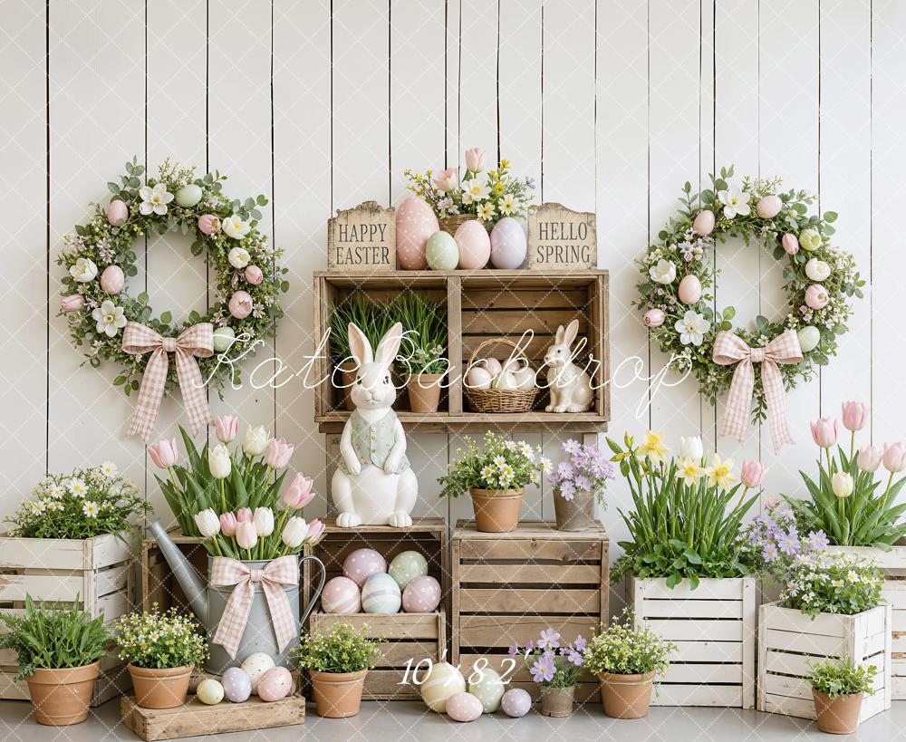 Kate Easter Eggs Bunny Wreath Flowers White Wood Plank Printed Backdrop Designed by Emetselch