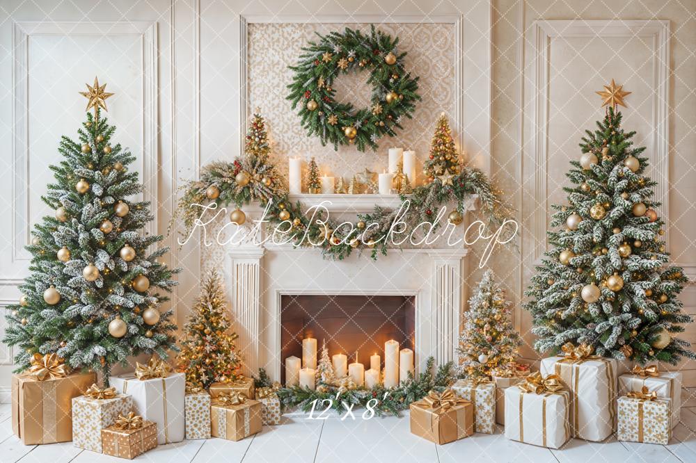 Kate Christmas Fireplace Trees Wreath Gold Ornaments Gifts Backdrop Designed by Emetselch