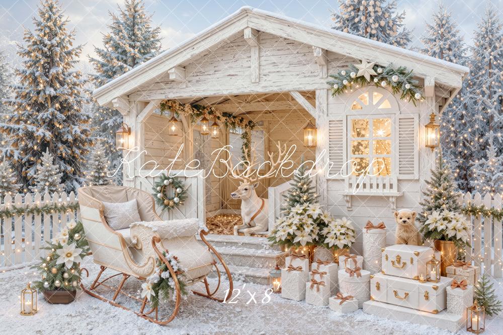 Kate Christmas Cabin Reindeer Sleigh Gifts Snowy Printed Backdrop Designed by Mini MakeBelieve