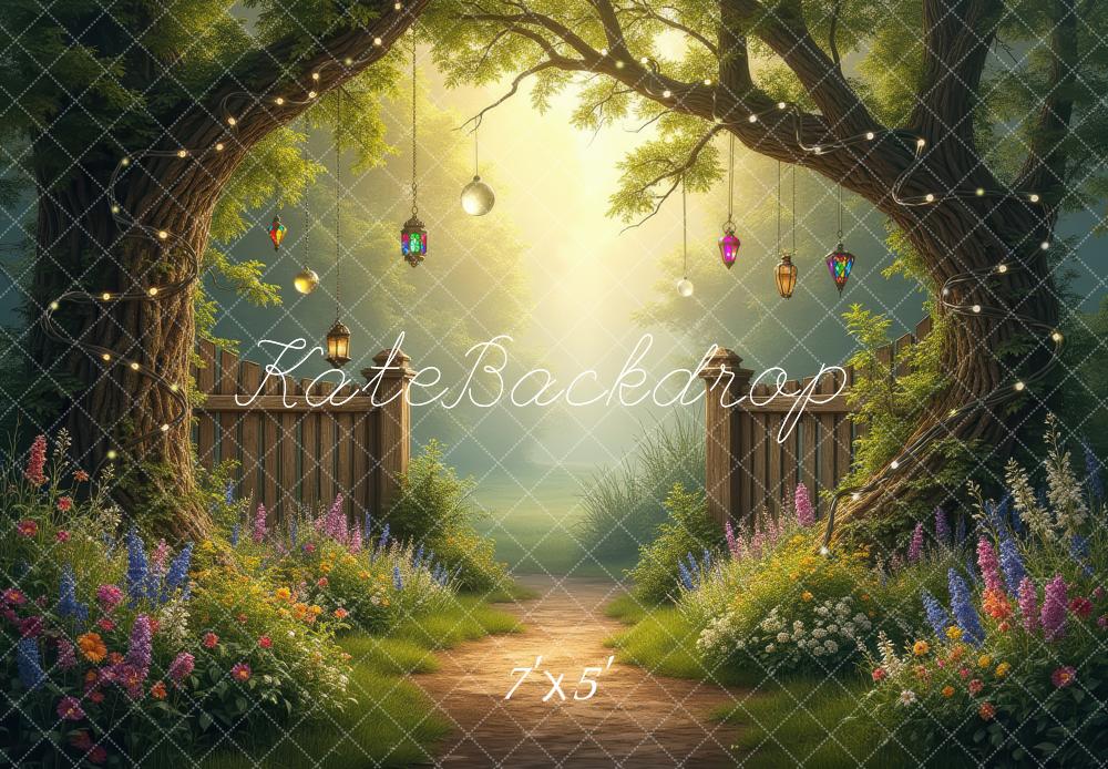Kate Fairy Fantasy Garden Trees Lanterns Path Printed Backdrop Designed by Laura Bybee
