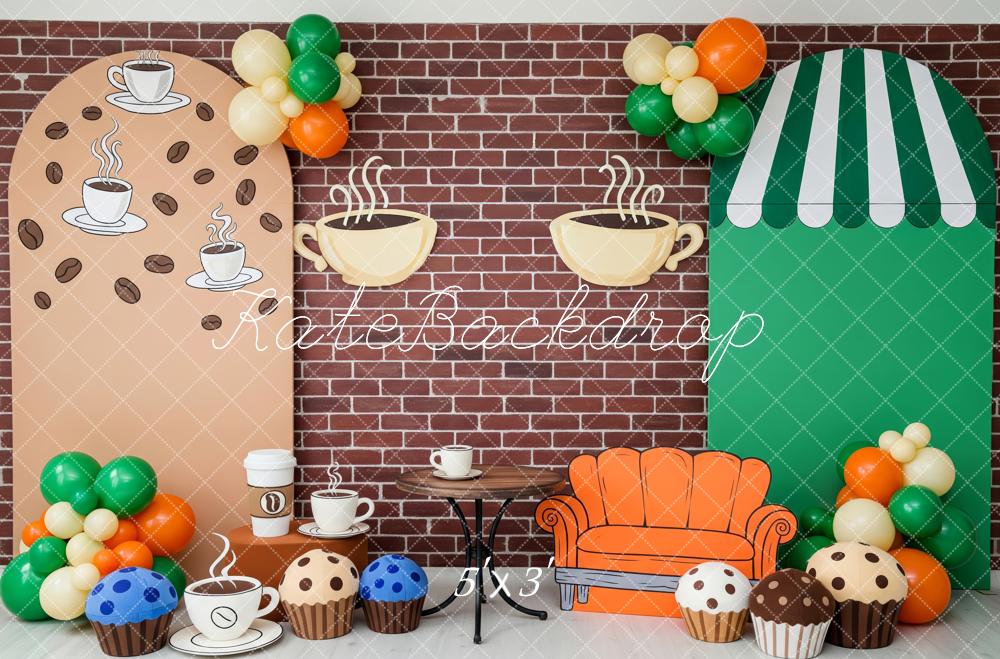 Kate Cake Smash Coffee Shop Brick Wall Cups Muffins Couch Backdrop Designed by Patty Roberts