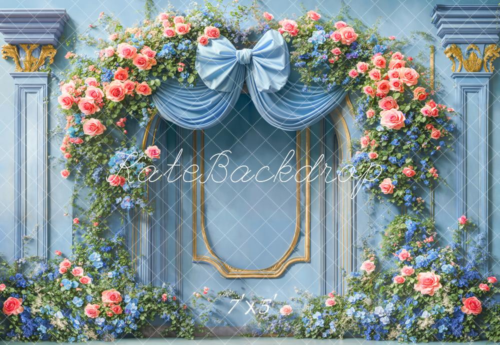 Kate Retro Floral Arch Blue Bow Framed Backdrop Designed by Emetselch