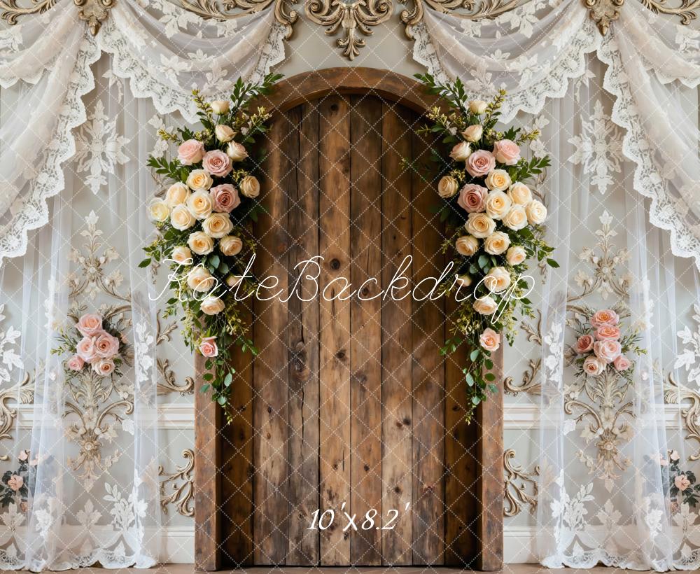 Kate Spring Flower Arch Wooden Door Lace Curtain Backdrop Designed by Mini MakeBelieve