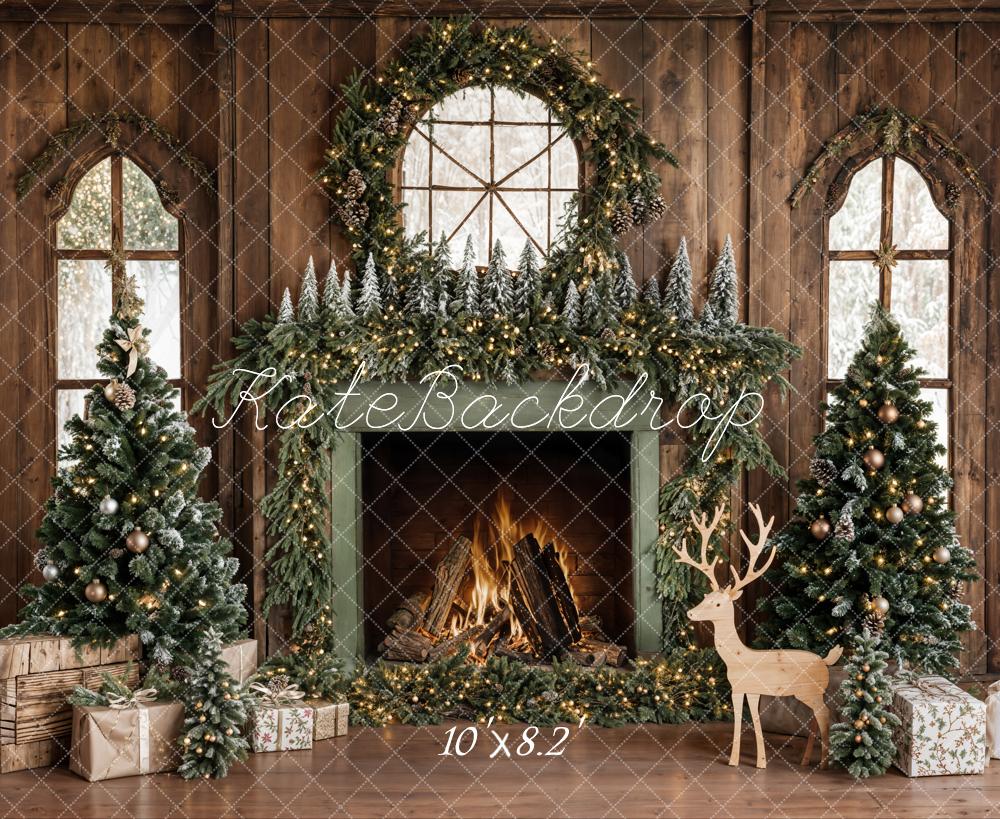 Kate Christmas Tree Wood Fireplace Wreath Deer Backdrop Designed by Emetselch