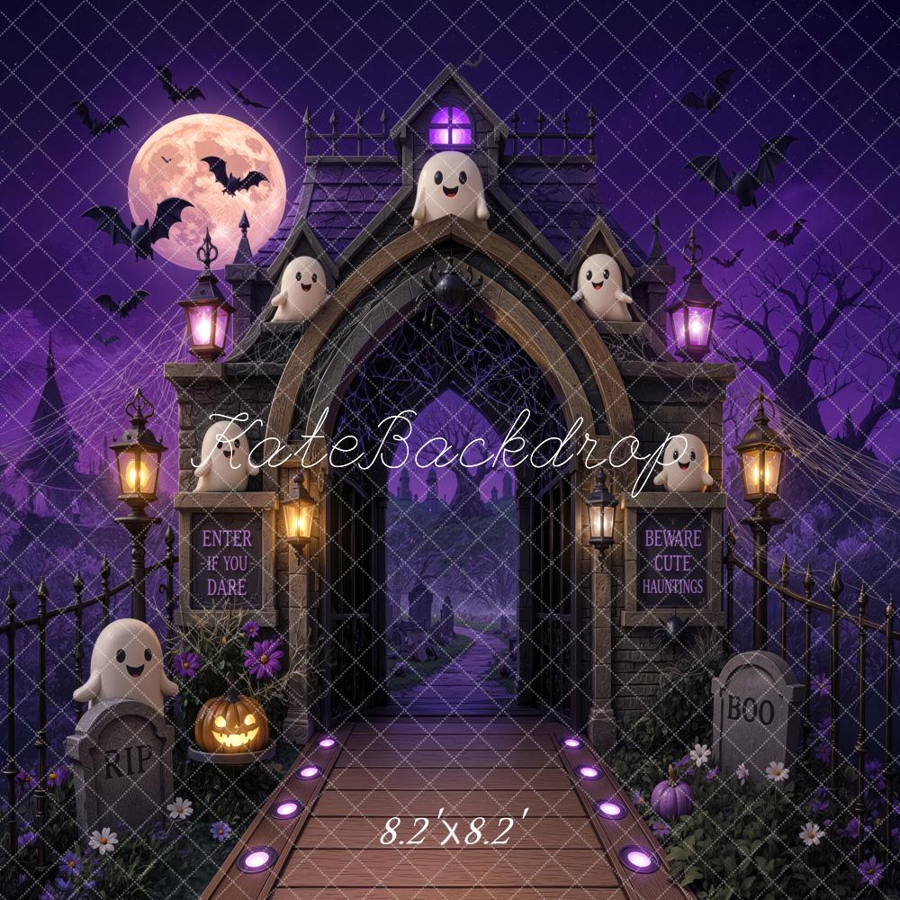 Kate Halloween Trunk or Treat Haunted Gate Ghosts Purple Printed Backdrop Designed by Mini MakeBelieve