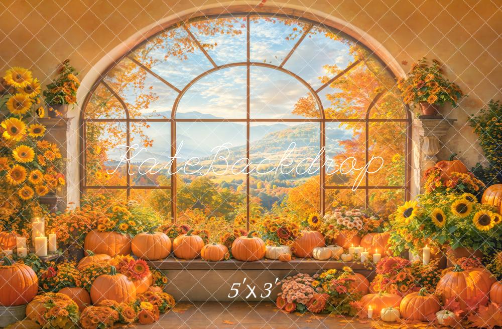 Fondo de Ventana Arqueada de Calabaza de Otoño y Girasol Diseñado por Emetselch