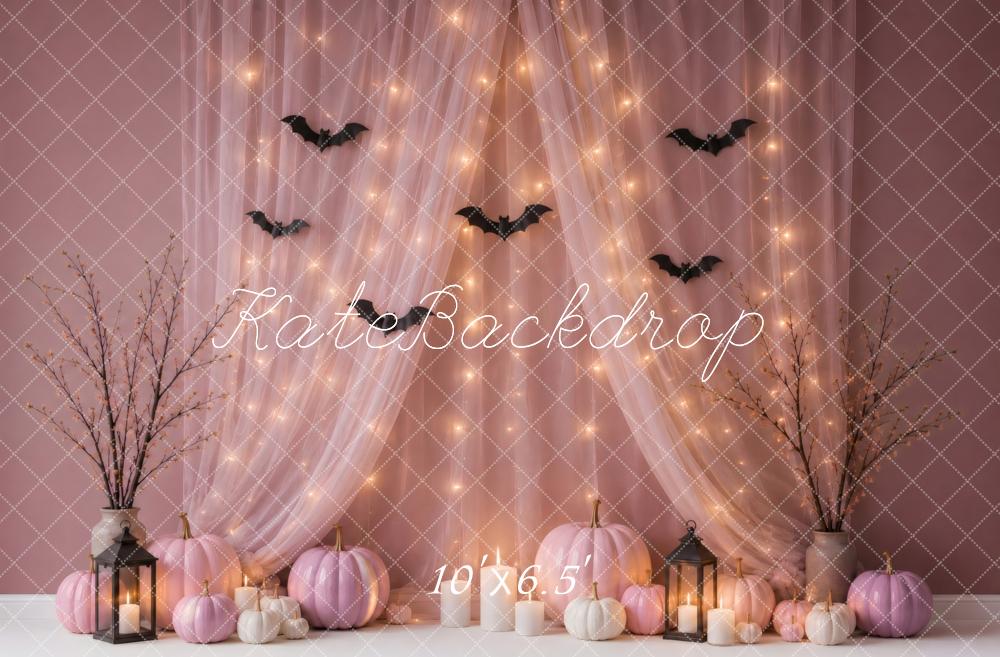 Kate Halloween Blush Pink Pumpkins Bats Fairy Lights Printed Backdrop Designed by Vertigo Productions