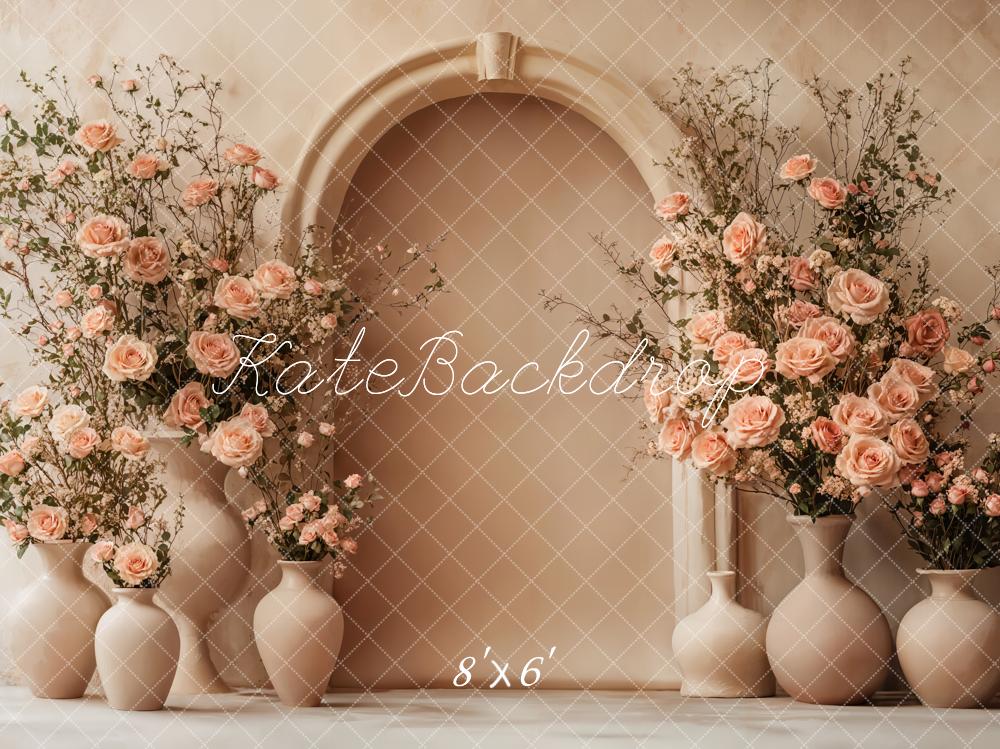Kate Mother's Day Floral Arch Peach Roses Beige Backdrop Designed by Emetselch