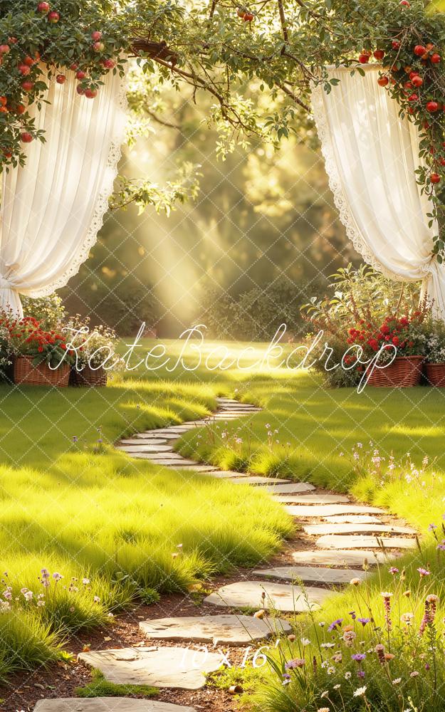 Kate Sweep Spring Garden Arch Apple Tree Curtains Stone Path Backdrop Designed by Emetselch