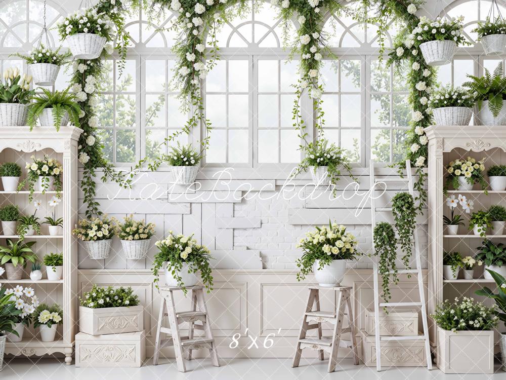 Kate Spring White Garden Flower Arch Shelves Printed Backdrop Designed by Mini MakeBelieve