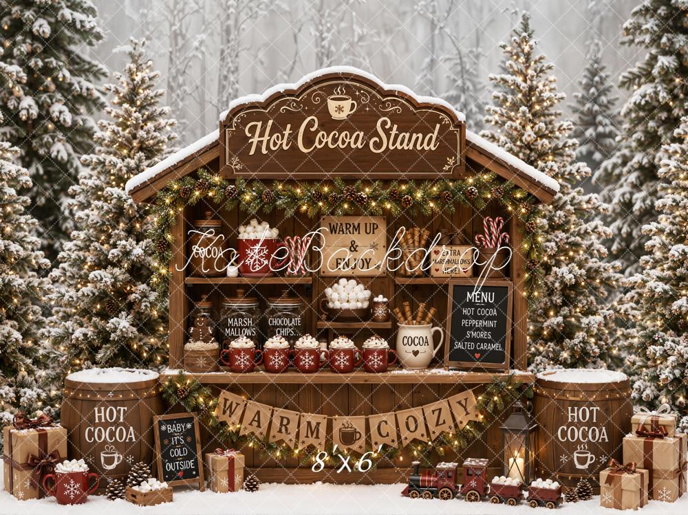 Kate Christmas Hot Cocoa Stand Snowy Forest Printed Backdrop Designed by Emetselch