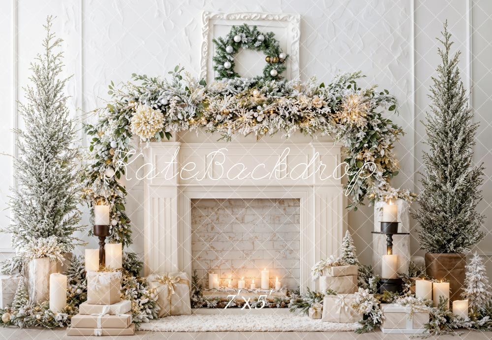 Kate Christmas White Fireplace Garland Candles Backdrop Designed by Emetselch